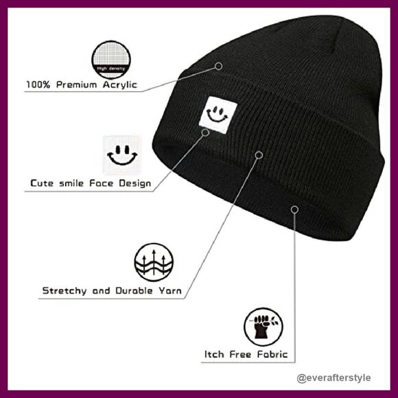Stretchable Knit Beanie Hat 2-Pack Embroidered Happy Face Unisex Fit main image 5